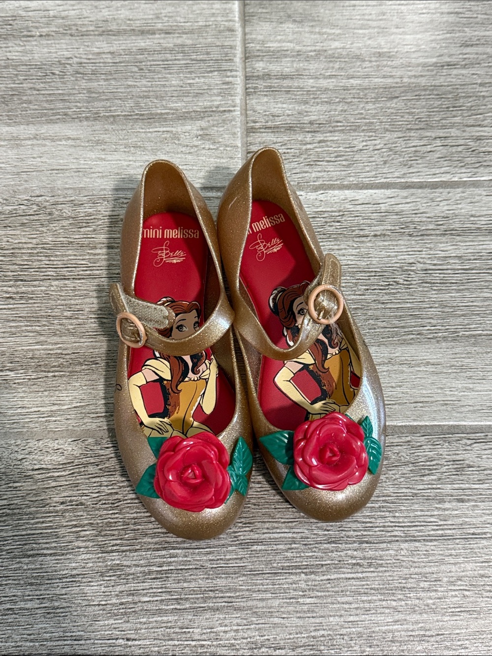 Mini Melissa Gold Girls' Mary Janes with Red Rose Belle Size 11